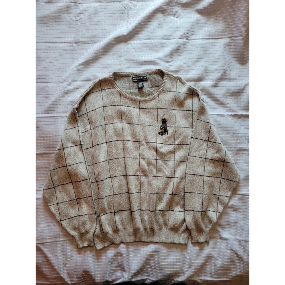 David Taylor Mens XL Tan Windowpane Golf Bag Embroidered Crewneck Sweater USA